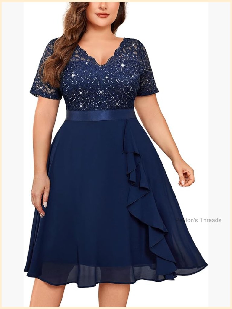 Plus Size Sequin Lace V Neck Chiffon Flowy Cocktail Party Prom Midi Dress